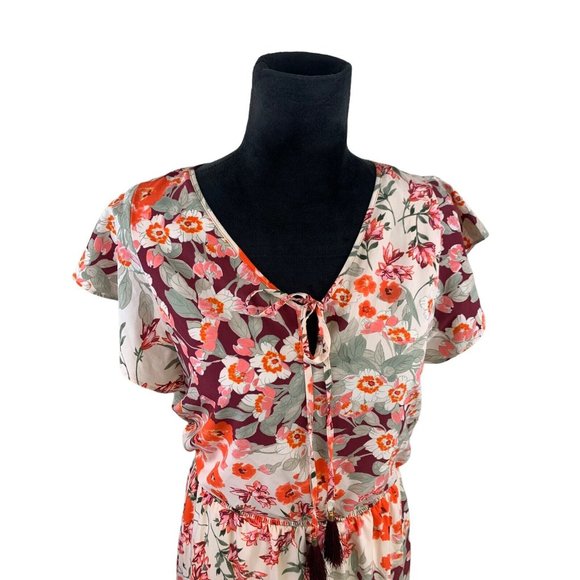 Adrianna Papell Size 2 Floral Full Length Maxi Dress Keyhole Neck Tasseled - Picture 2 of 12